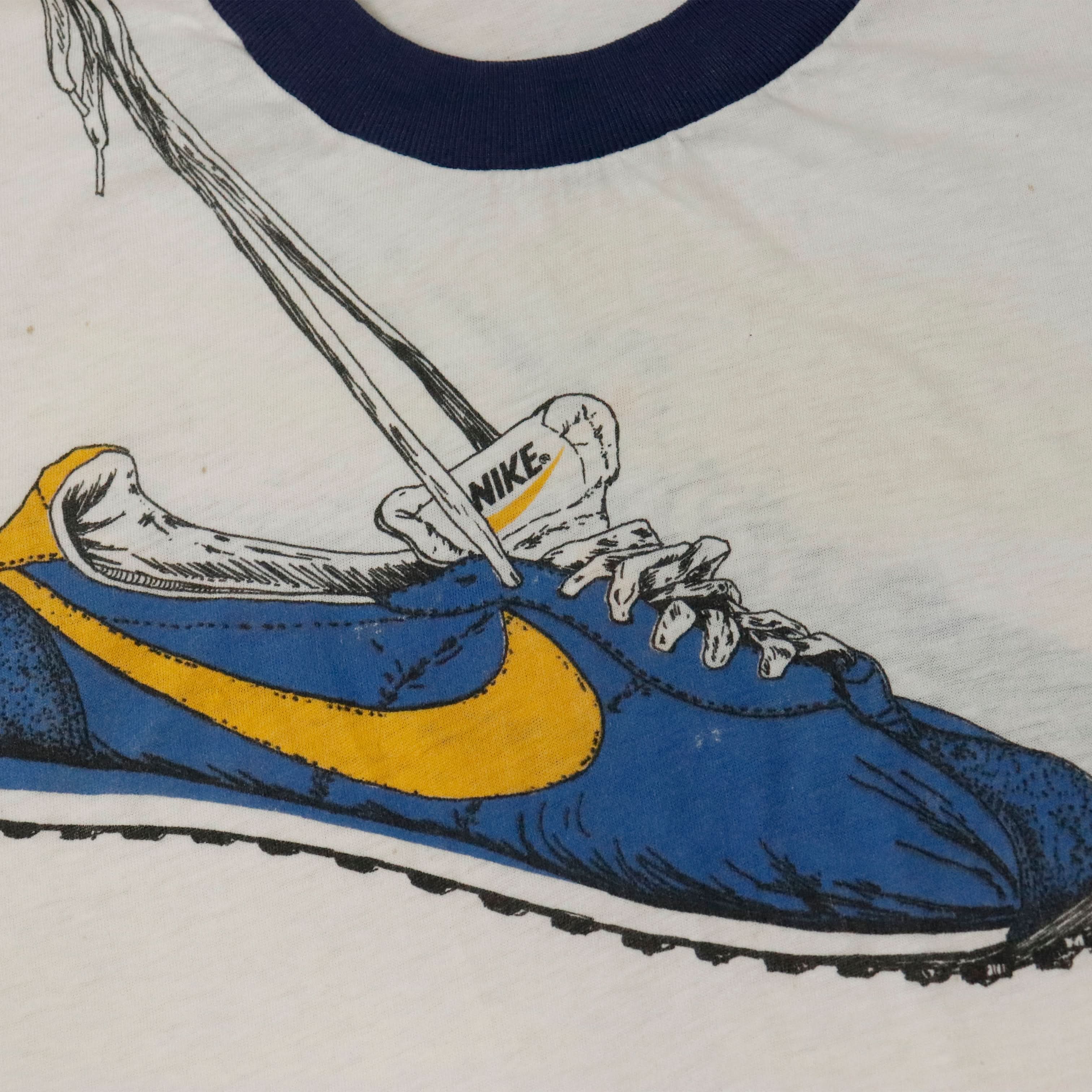 Vintage 70s 80s Nike waffle runners shoes over shoulder Ringer Graphic T-Shirt Size XL