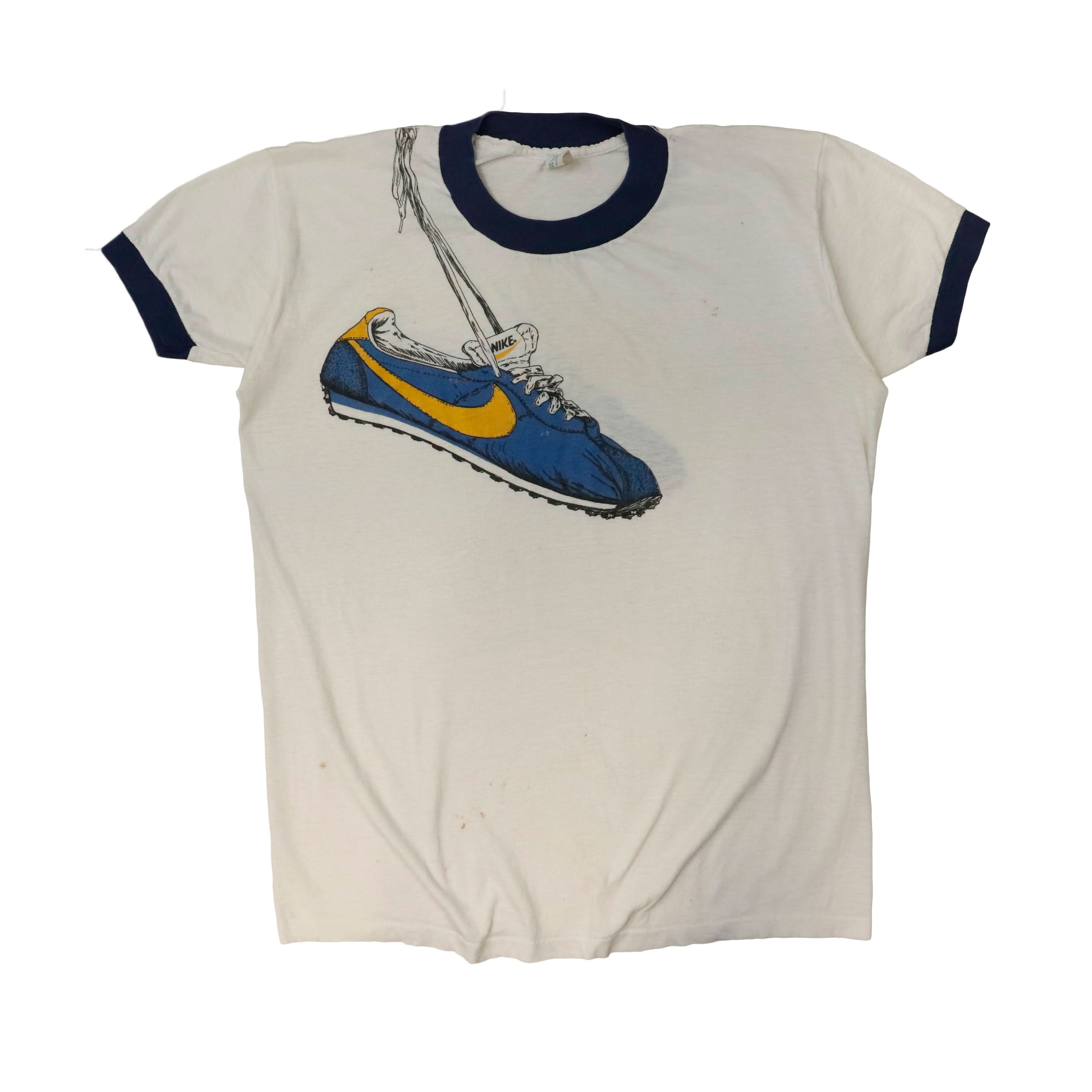 Vintage 70s 80s Nike waffle runners shoes over shoulder Ringer Graphic T-Shirt Size XL