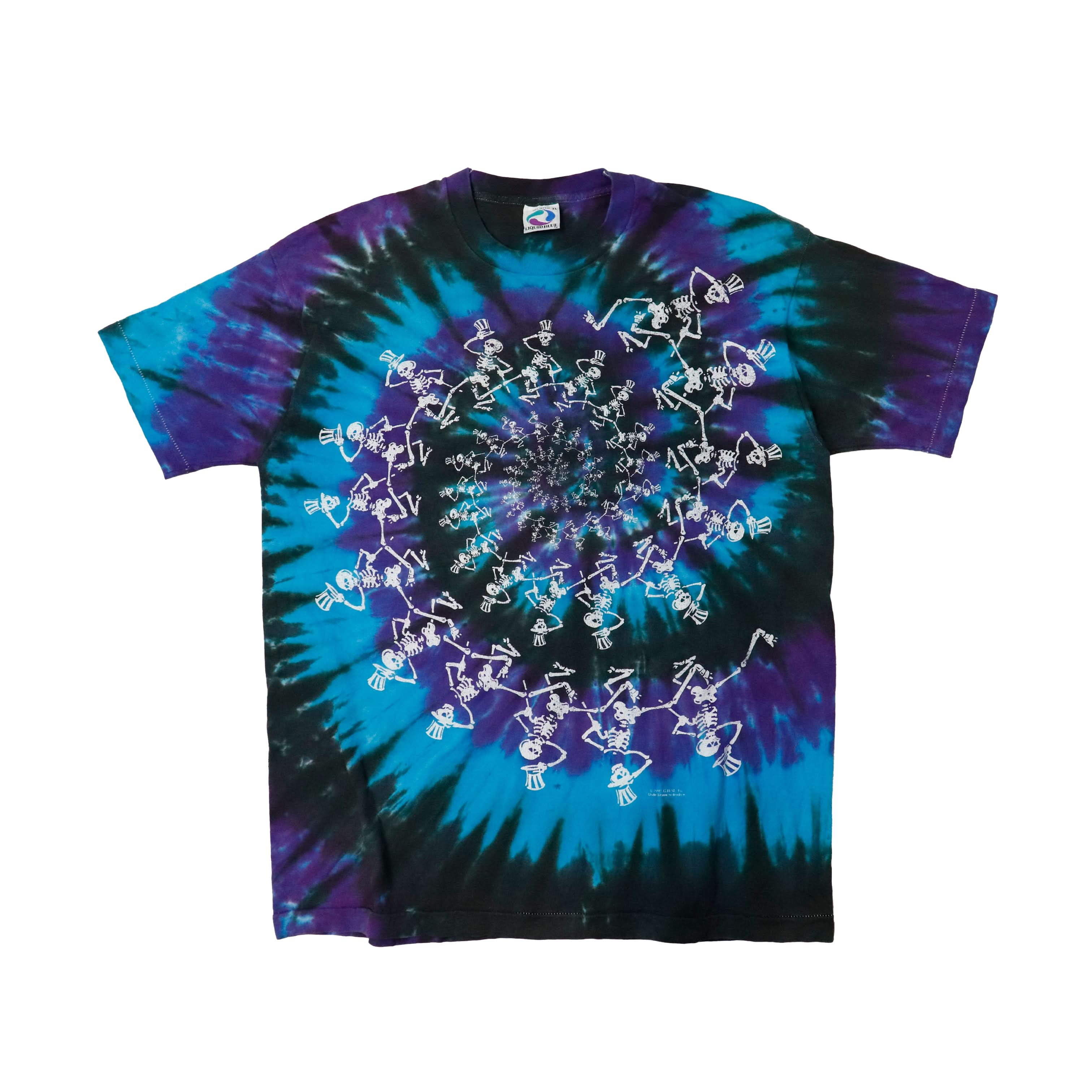 Vintage 1990 Liquid Blue Dancing Skeletons Tie-Dye T-Shirt Size XL