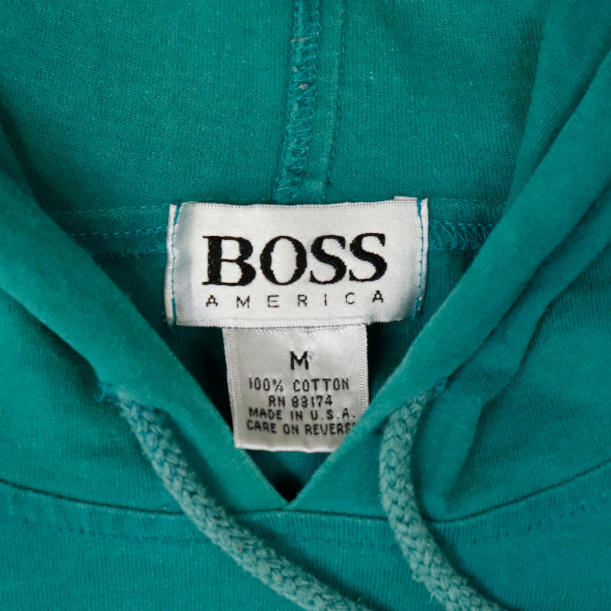 Vintage BOSS America Teal Hooded Pullover Sweatshirt Size M