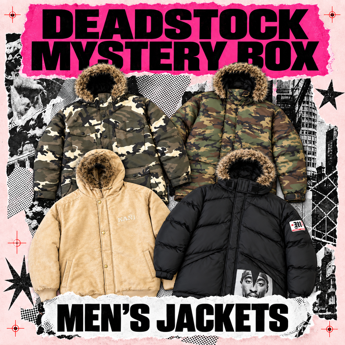 Deadstock Y2K mens winter jacket mystery box, never worn with original tags