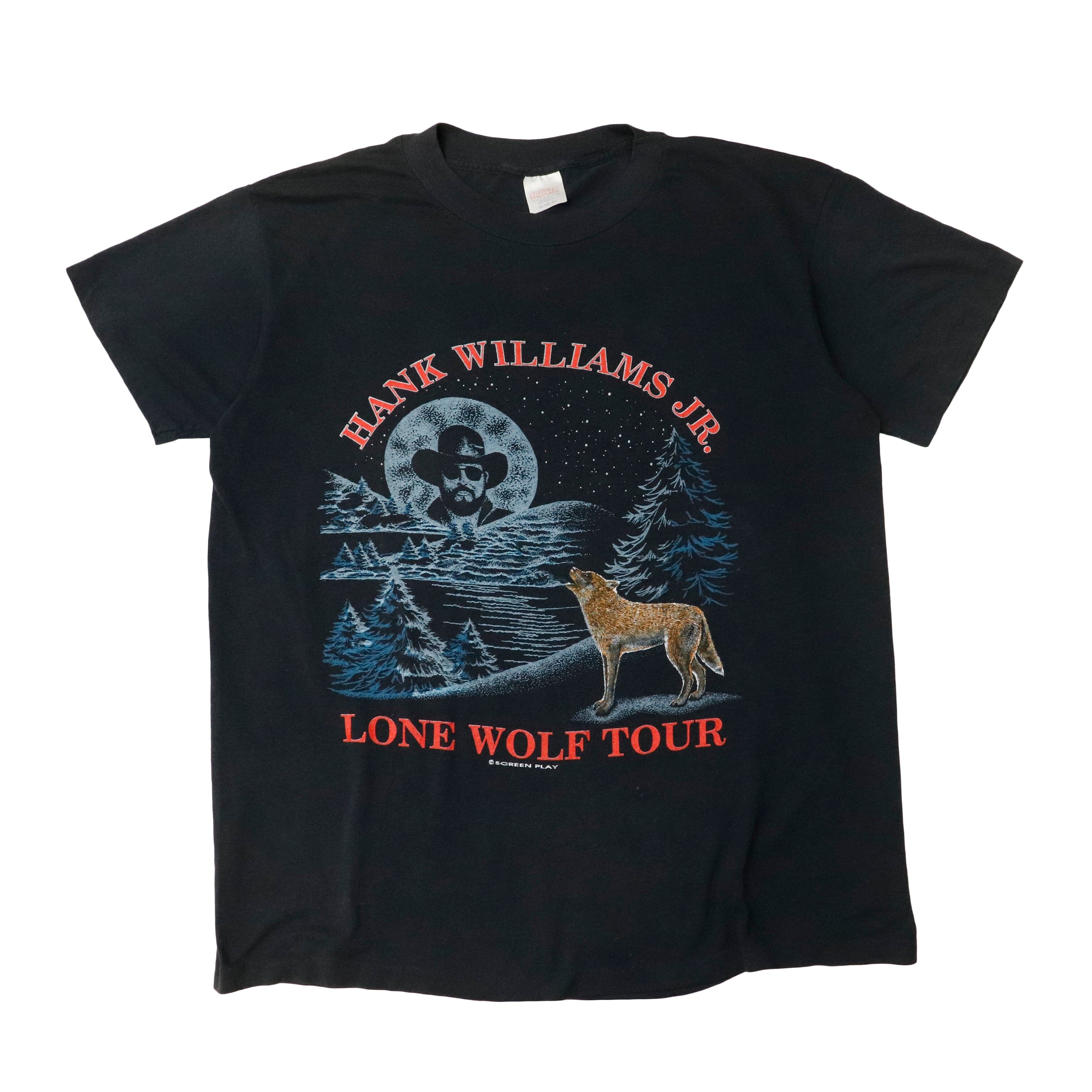 Vintage 80s Hank Williams Jr. Lone Wolf Tour Graphic T-Shirt Size XL Hanes 