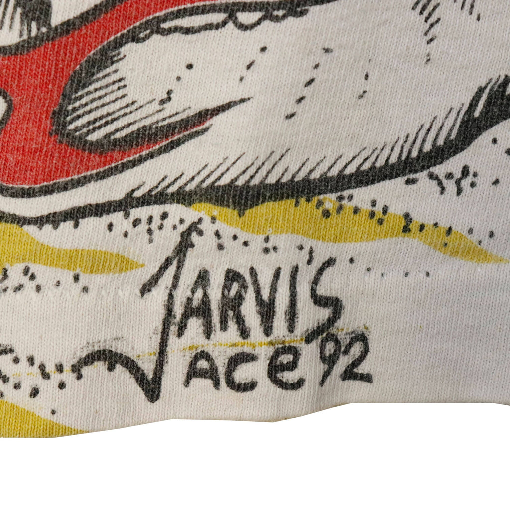 Vintage Fruit of the Loom Jarvis Ace 92 Skull Flames Graphic T-Shirt Size L FAIF.CA 